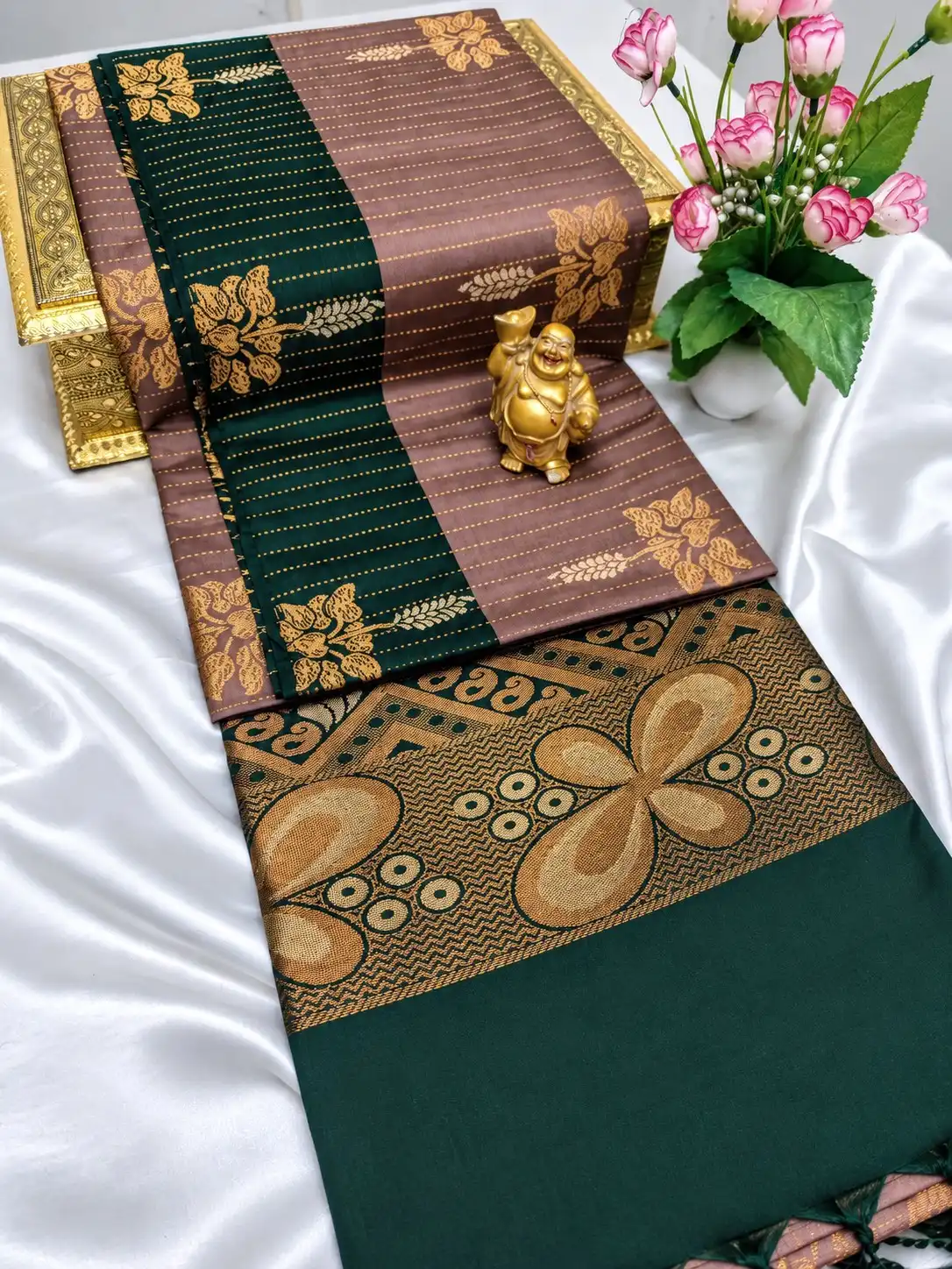 Teal Rose Floral Medallion Jari Pallu Semi Kanchipuram Silk Saree